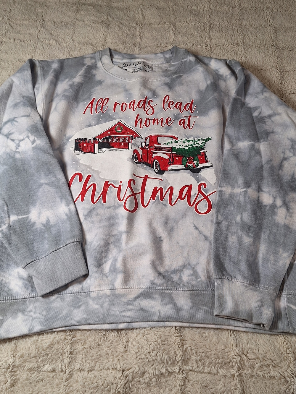 Love In Faith Gray Tie-Dye Christmas Sweatshirt with Red Truck Graphic